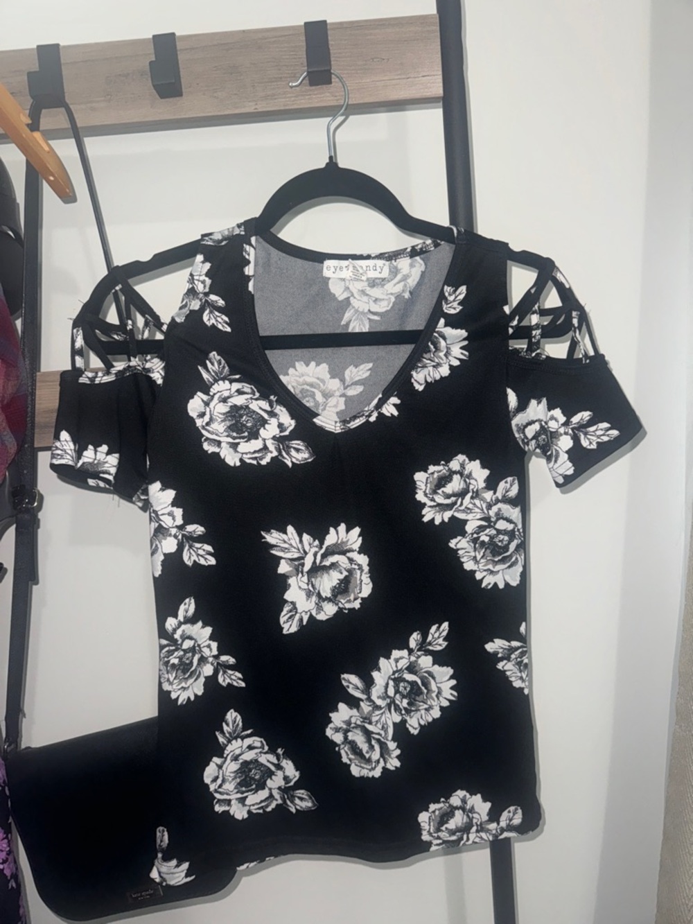 eye candy Black Top with White Floral Print and Lattice Cold-Shoulder Straps